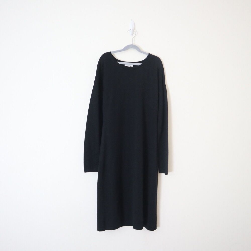 Garnet Hill Size XS Modern Merino Wool Sweater Dress Black Crew Neck Knee Length - Picture 2 of 12